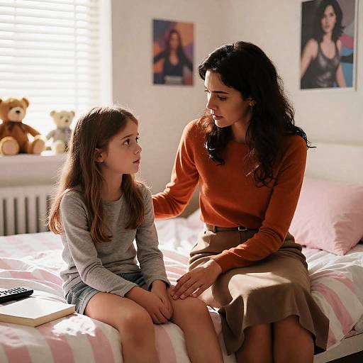 Mother Comforting Sad Daughter in Bedroom