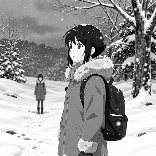 Black-and-white anime drawing of a girl with dark hair in a fur-trimmed coat and backpack, standing in a snowy forest, with another figure