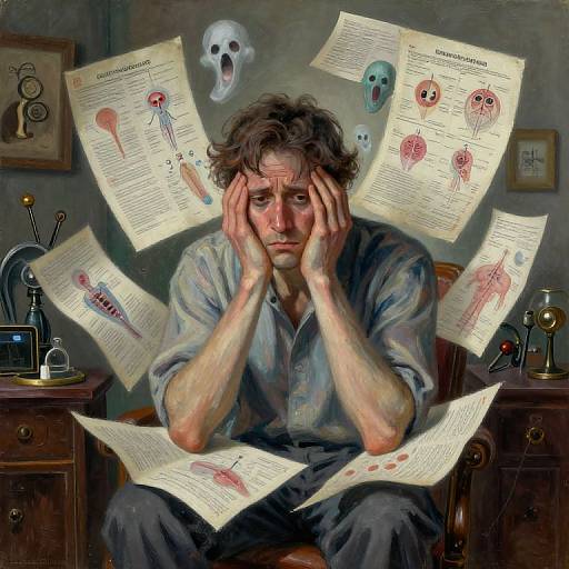 A distressed man with tousled brown hair, hands on his face, sits surrounded by flying anatomical charts and skull masks in a dimly lit study