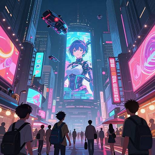 Digital anime-style illustration of a neon-lit, futuristic city street with people walking, large holographic billboard of a blue-haired girl, and colorful signs