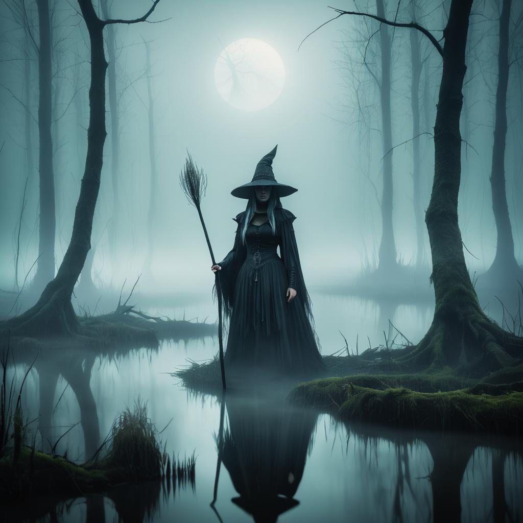 Eerie Witch in a Misty Swamp Scene