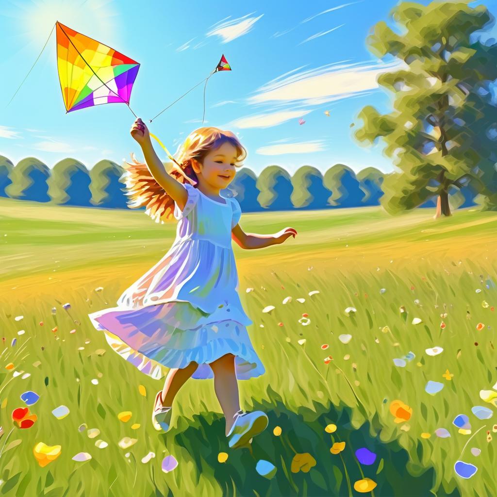 Impressionist Scene of Girl with Kite