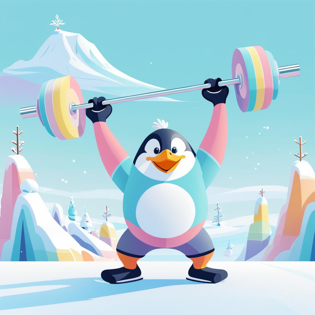 Muscular Penguin Lifting a Barbell