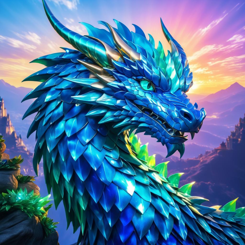 Majestic Azure Dragon Portrait in Sunset