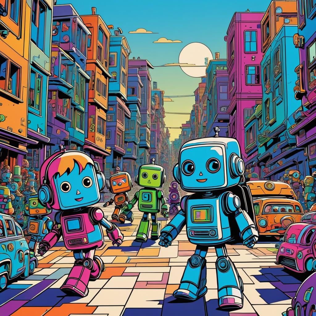 Cartoon Street Scene with Robots