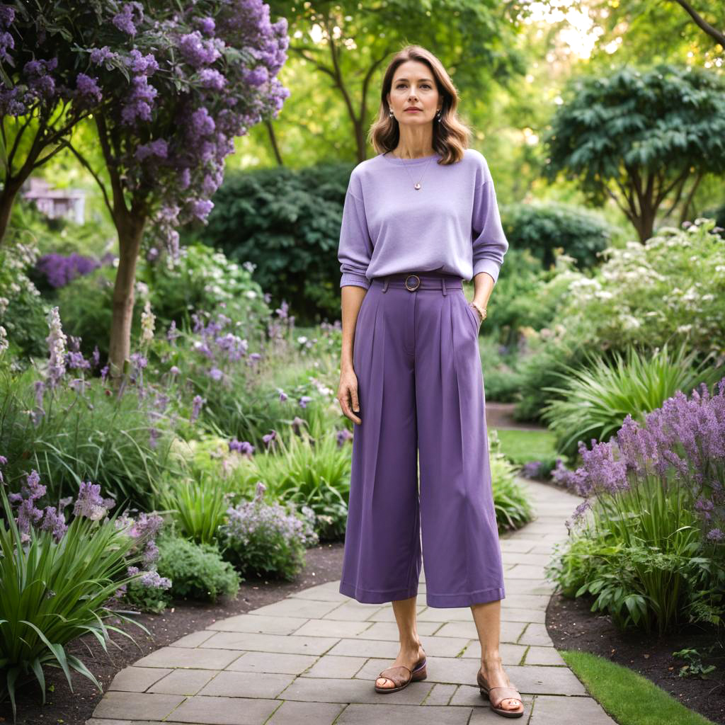 Artsy Woman in Purple Culottes in Garden