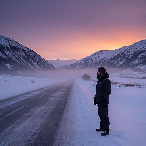 Photograph of a lone man in a black winter coat standing on a snow-covered road, gazing at a purple and orange sunset over snow-capped
