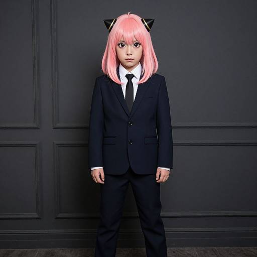 Photograph of a child with pink hair, black cat ears, wearing a black suit, white shirt, and black tie, standing against a dark,