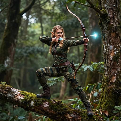 Photograph of an elf-like archer with long brown hair, in dark green camouflage, aiming a glowing bow at a forest tree.