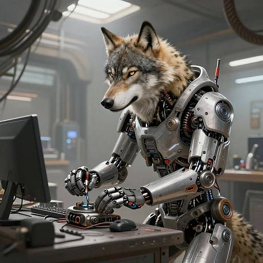 Digital art of a cybernetic wolf with realistic fur, metallic limbs, and focused expression, working on a computer in a futuristic lab.
