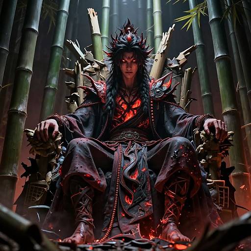 Digital fantasy artwork of a fierce, dark-haired warrior with glowing red eyes, sitting on a bamboo throne, surrounded by bamboo. His black, spiked armor