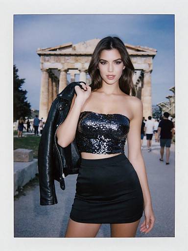 Photograph of a young woman with long brown hair, wearing a sequined black tube top and black mini skirt, holding a black leather jacket, standing