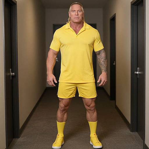 Photograph of a muscular, tattooed, blonde-haired man in a bright yellow polo, shorts, socks, and shoes, standing in a dimly