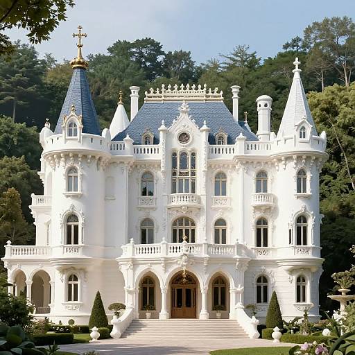 Photograph of an ornate, white, French-style mansion with blue slate roofs, arched windows, and intricate details, surrounded by lush green trees