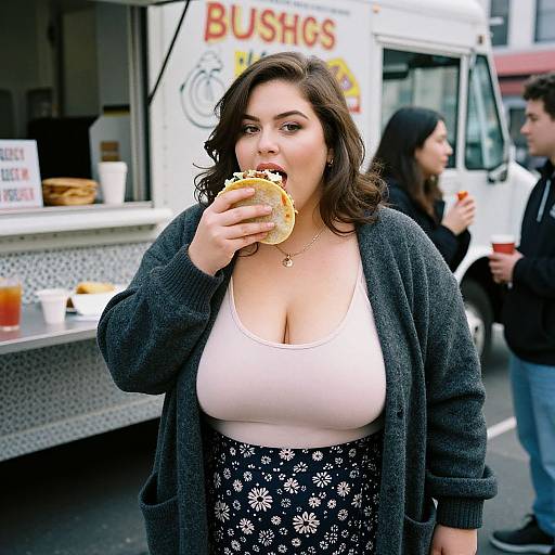 Photograph of a curvy woman with dark wavy hair, wearing a white tank top, black floral skirt, and gray cardigan, eating a