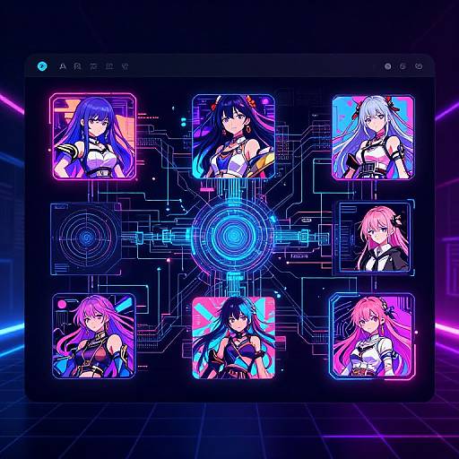 Neon cyber art of six anime girls in vibrant, glowing portraits arranged in a grid on a futuristic digital interface.