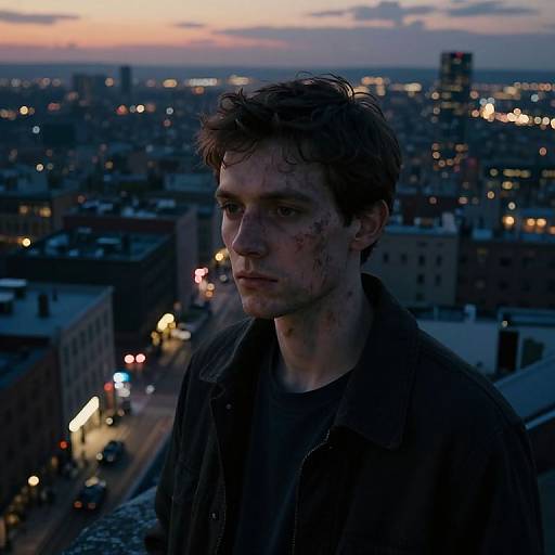 Photograph of a bruised, serious young man with messy brown hair, wearing a dark jacket, standing on a rooftop at dusk, city lights in