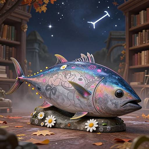 Digital artwork of a glittery, flower-decorated fish sculpture on a daisy base, in a mystical library with a starry night sky.