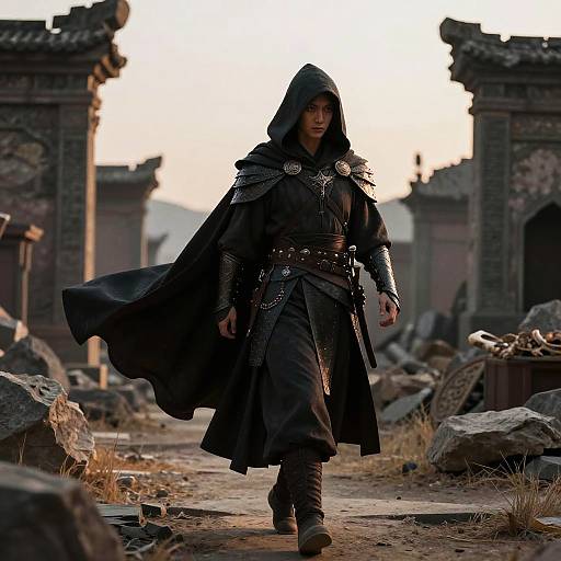 Lone Warrior in Ruined City Dusk