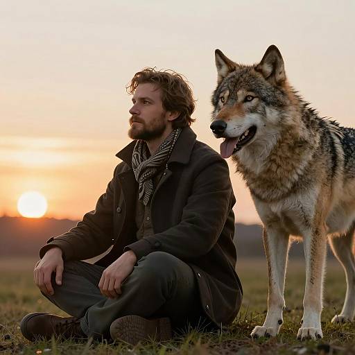Man and Wolf in a Golden Sunset
