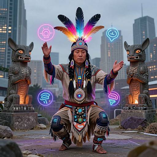 Photograph of a Native American man in traditional feathered headdress, colorful beadwork, and tribal attire, squatting between two stone coyote statues