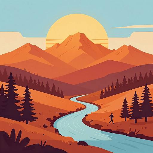 Mid-Century Cascades Sunset Illustration