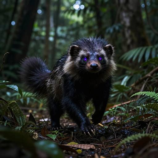 Photorealistic digital artwork of a glowing-eyed, dark-furred raccoon with a bushy tail standing in a dense, shadowy forest.