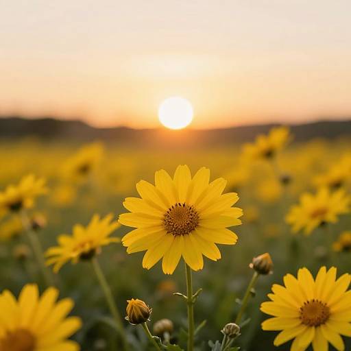 Sunset Over Yellow Daisy Field