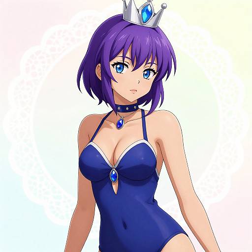 Anime Girl in Blue Swimsuit with Crown