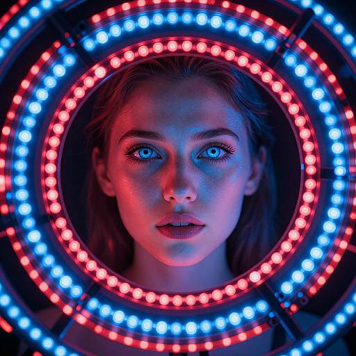 Photograph of a young woman with blue eyes, framed by circular neon lights alternating red and blue, creating a futuristic glow.
