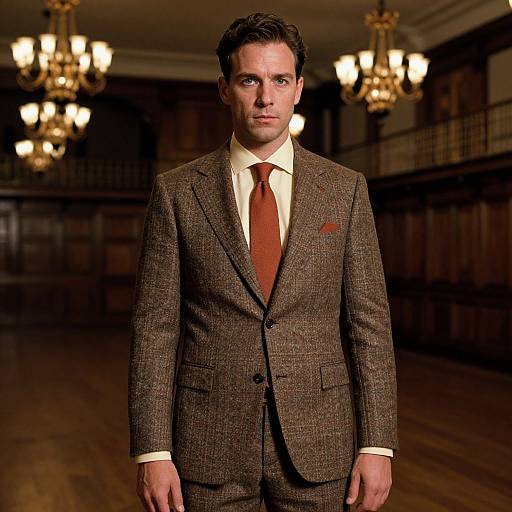 Photograph of a handsome man with short brown hair, wearing a brown tweed suit, white shirt, and rust-colored tie, standing in a dim