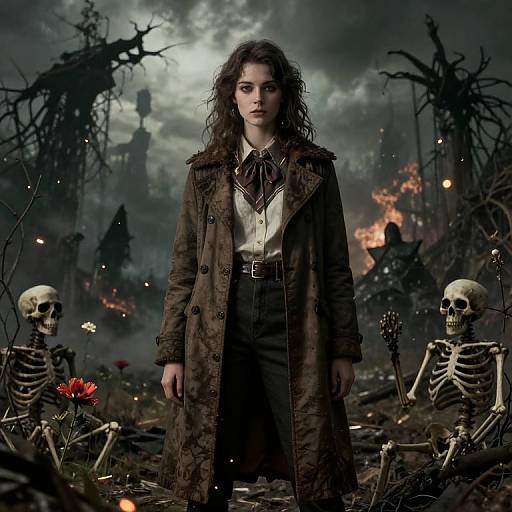 Photograph-style digital artwork of a serious, curly-haired woman in a brown coat, surrounded by skeletons, burning ruins, and dark, stormy sky