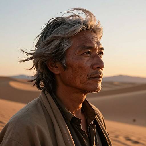 Photograph of an elderly man with weathered face, grey hair, and brown jacket, standing in a sunlit desert landscape.
