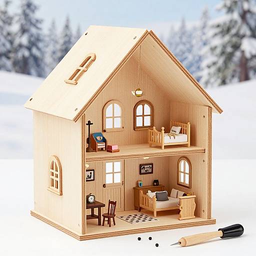 Photograph of a two-story wooden dollhouse with detailed furniture: bed, desk, chair, and lamp, set against a snowy forest background.