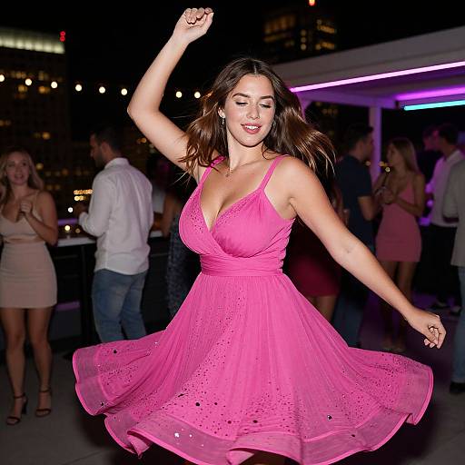 Photograph of a smiling woman with long brown hair, wearing a vibrant pink, sleeveless, deep V-neck dress, dancing at a nighttime outdoor party