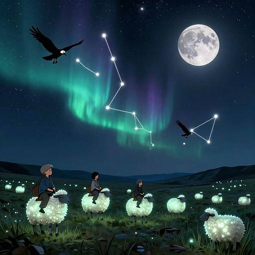 Digital art: Night sky with aurora, full moon, constellation, glowing flowers, three people sitting, black birds flying, starry field.