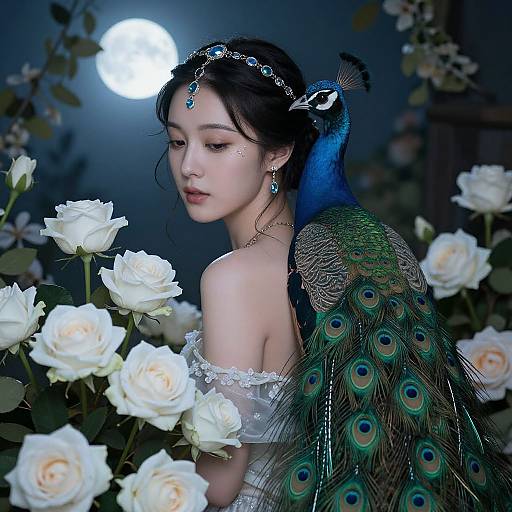 Photograph-style digital artwork of a beautiful Asian woman with fair skin, dark hair, peacock feathers, and white roses, wearing a jeweled head