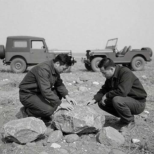 High-Contrast Men Searching Rocky Field