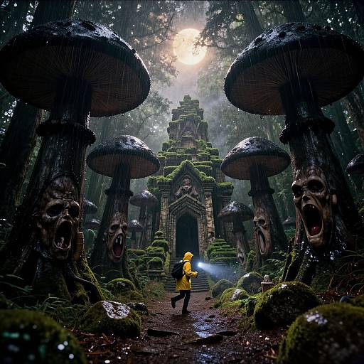 Fantasy forest scene: a yellow-cloaked figure with a blue light, runs towards a moss-covered, mushroom-surrounded temple under a glowing,