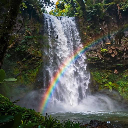 Photograph of a lush jungle waterfall with a vivid rainbow arcing through the white mist, surrounded by dense green foliage.