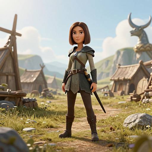 Brunette Warrior Woman in Viking Village