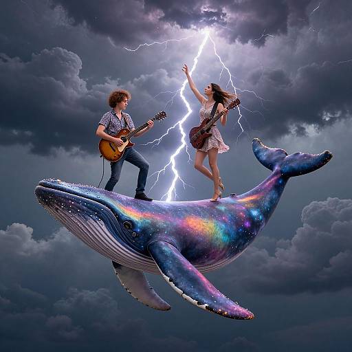 Photograph-like digital art: Musicians on a cosmic whale, lightning bolt above, dark stormy sky. Male guitarist, female singer, vibrant whale