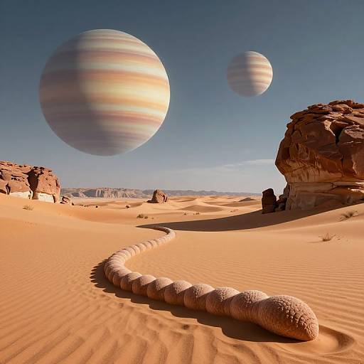 Photorealistic CGI: desert landscape with two large, striped gas giant planets in the sky, a coiled sandworm trail in the orange sand,