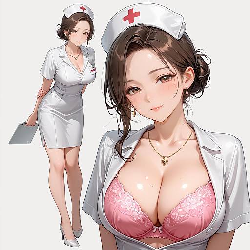 Anime Style Nurse in White Uniform with Pink Bra