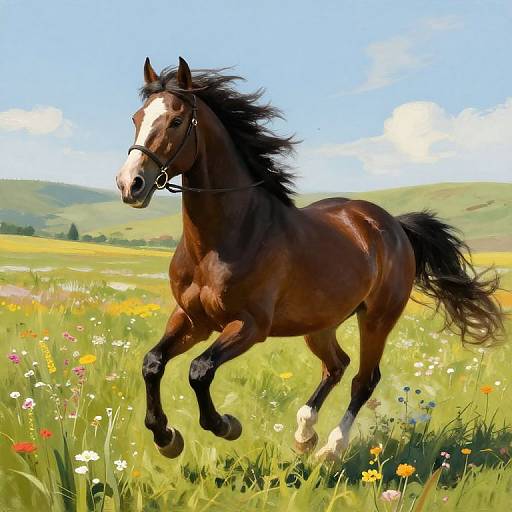 Digital painting of a galloping brown horse with a white blaze, black mane, and tail, running through a colorful meadow with wildflowers under