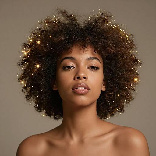 Photograph of a beautiful Black woman with glowing, sparkly, curly afro, bare shoulders, neutral gray background, and confident gaze.