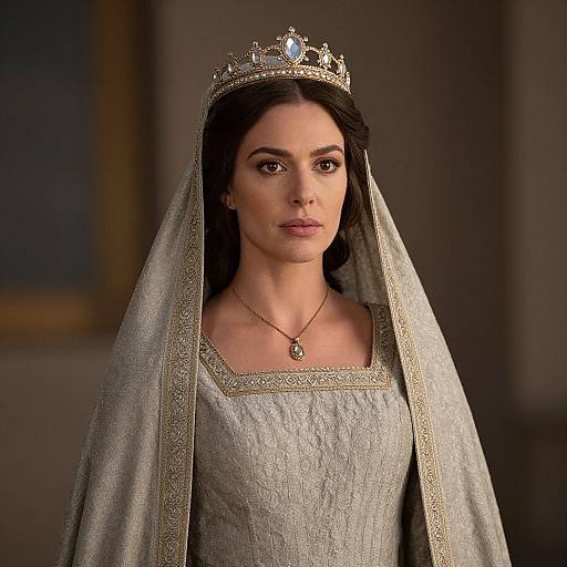 Photograph of a serious-faced woman with long dark hair, wearing a silver tiara, grey medieval-style dress, and veil, with a gold necklace