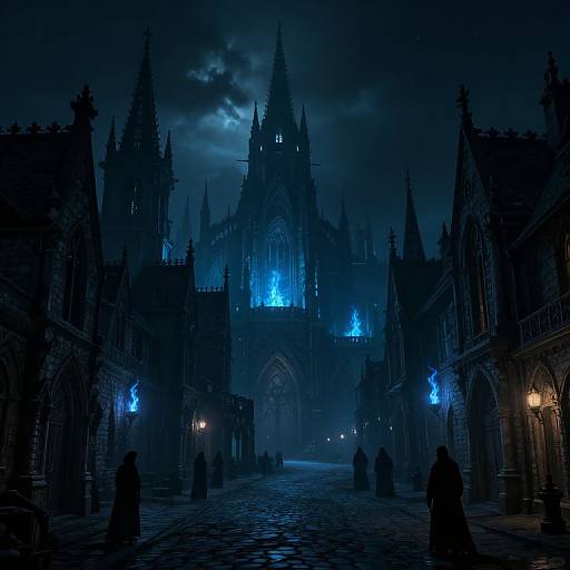 Digital artwork of a dark, gothic cathedral at night, illuminated by blue lights, with silhouetted figures in the misty, cobble