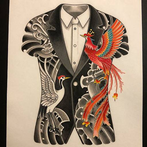 Tattoo-style illustration of a black suit with white shirt, adorned with vibrant red phoenix and white crane, surrounded by intricate black and gray waves.