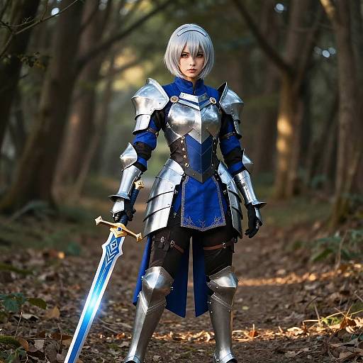 Woman Cosplaying as Saber in Armor with Glowing Sword